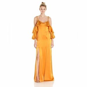 Amur silk gown, marigold, size 2, maxi, straps and off the shoulder sleeves